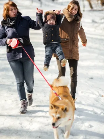 A healthy, active family walking around a winter park