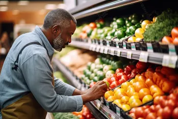 Man picking out fruit from grocery store shelves