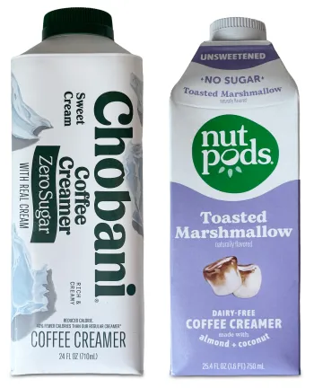 Chobani zero sugar sweet cream (left) and Nut pods toasted marshmallow (right)