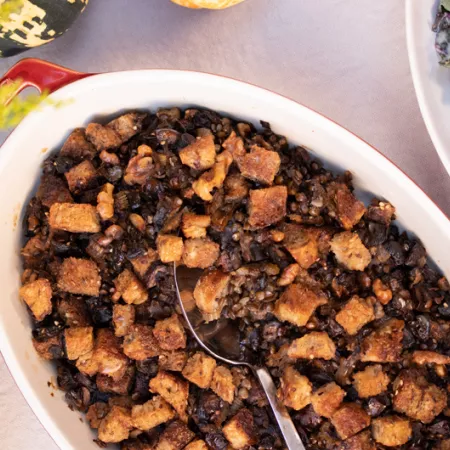 a bowl of mushroom lentil dressing