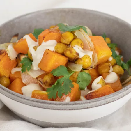 a bowl of spiced chickpeas and butternut squash