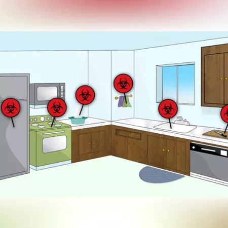 a kitchen with biohazard symbols