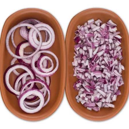 bowl of sliced onions and bowl of minced onions