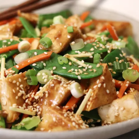 ginger sesame tofu and snap peas
