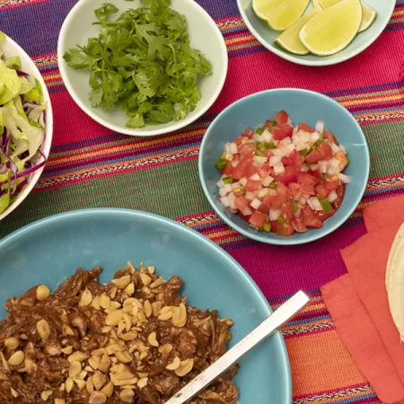 chicken mole with lettuce, cilantro, pico de gallo, and lime wedges