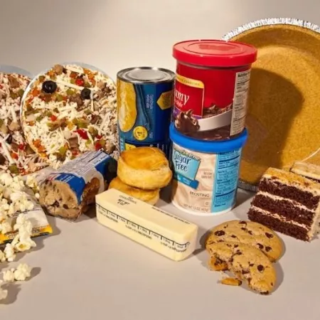 Processed foods containing trans fats (popcorn, pizza, icing, cookies, cake, pie crust, butter, biscuits)