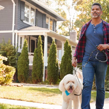 man walking dog on sidewalk