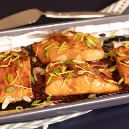 4 salmon filets with glaze drizzled over
