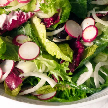 close up on bowl of salad with mixed greens and radish slices
