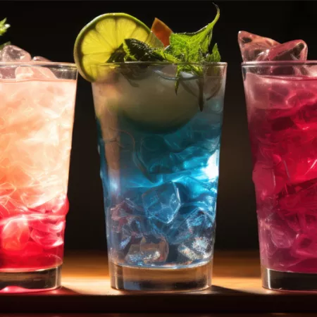 fruit juices in glasses lined up