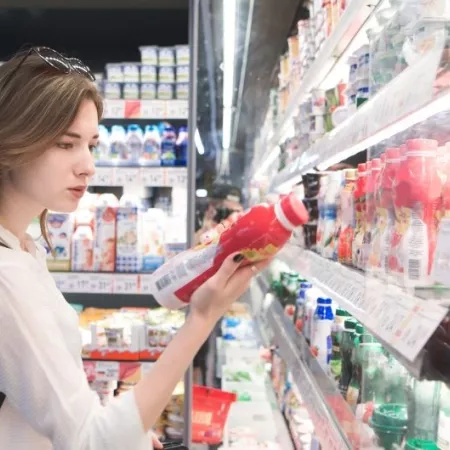 A woman reading labels while shopping for dairy at grocery store