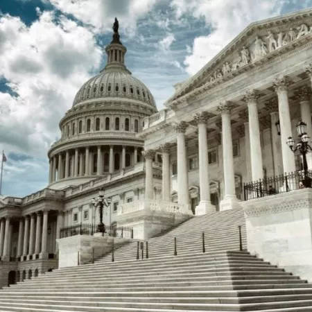 Stark cloudy weather over empty exterior view of the US Capitol Building in Washington DC, USA