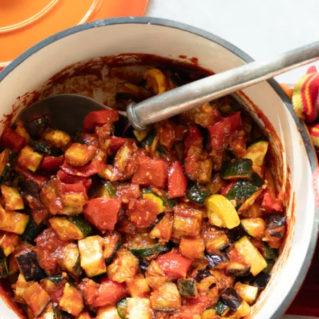dutch oven filled with ratatouille 
