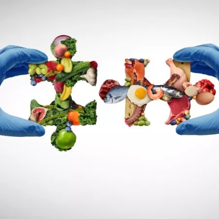 Nutrition science concept with food-group puzzle pieces held by hands in surgical gloves