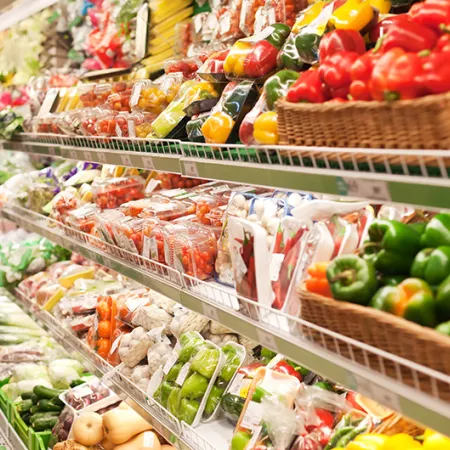 Shelves in the supermarket with produce