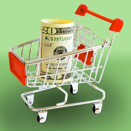 roll of cash in a shopping cart on green background