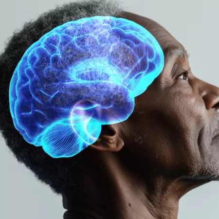 African American man in profile with overlay of a stylized brain