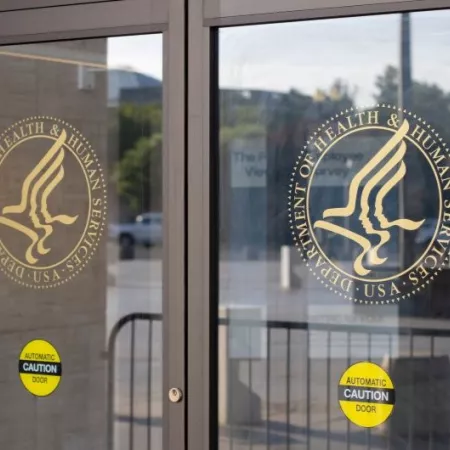 Washington, DC, USA - June 24, 2022: The symbol of the U.S. Department of Health and Human Services is seen at the entrance to its headquarters in the Hubert H. Humphrey Building in Washington, DC.