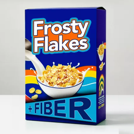 box of fictional cereal called frosty flakes + fiber