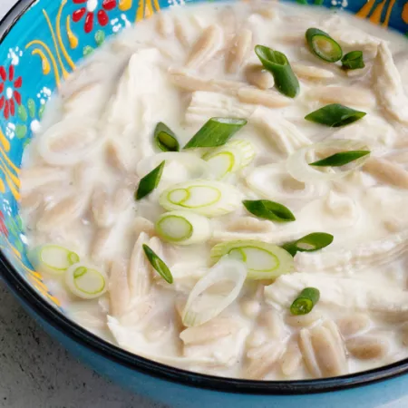 colorful blue painted bowl filled with a chicken orzo stew, garnished 