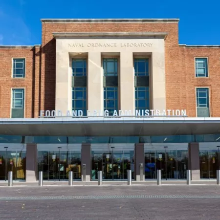 Silver Spring, MD, USA 11/10/2020: Exterior view of the headquarters of US Food and Drug Administration (FDA). This federal agency approves medications, vaccines and food additives for human use.