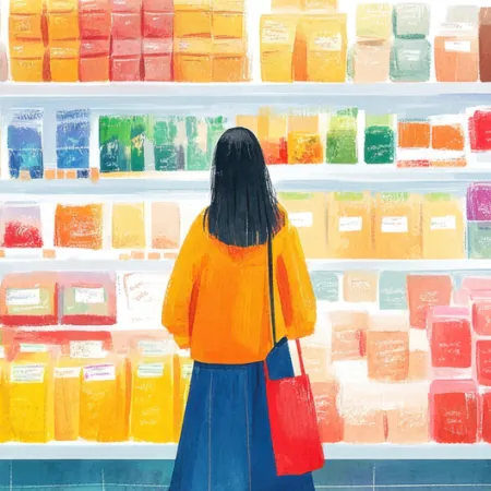 colorful painting of woman looking at grocery store shelves