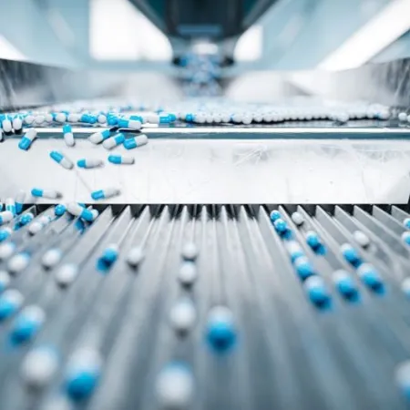 Blue and white capsules on a pharmaceutical sorting machine