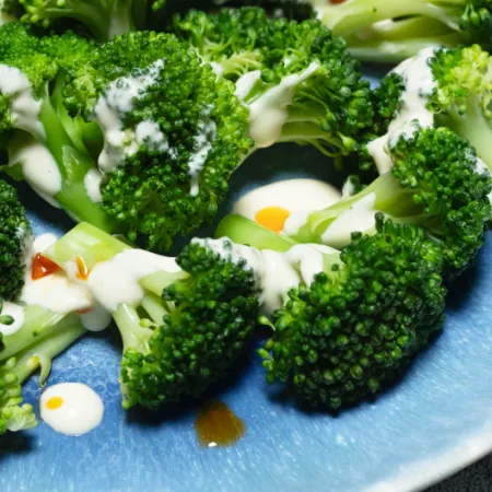 blue plate with broccoli and Caesar sauce
