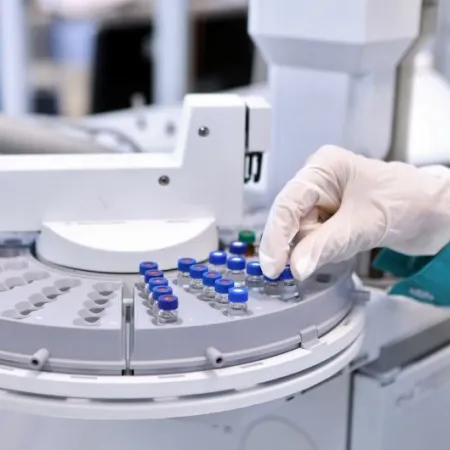 Quality control laboratory tech conducting chromatograph operation. A gloved hand makes an analysis on a gas chromatograph during the development of a new vaccine