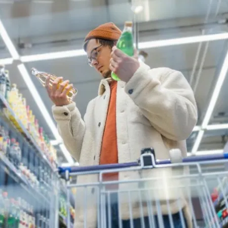 Guy in supermarket reads label, composition of sodas, chooses, compares prices, looks for benefits. Bottom view from grocery cart.