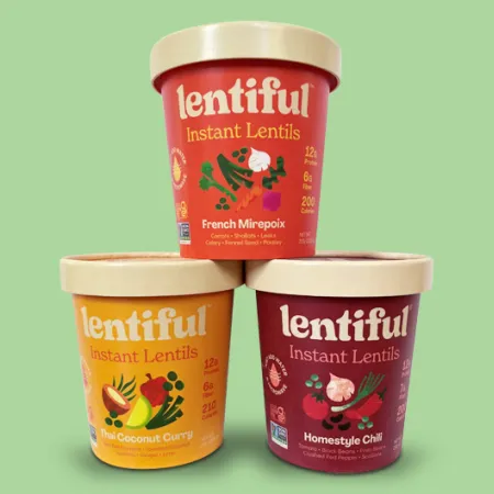 3 lentiful cups in the flavors of French Mirepoix, Thai Coconut Curry, and Homestyle Chili
