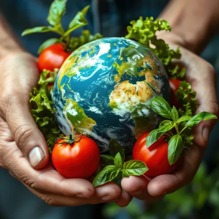 hands holding a planet and tomatoes
