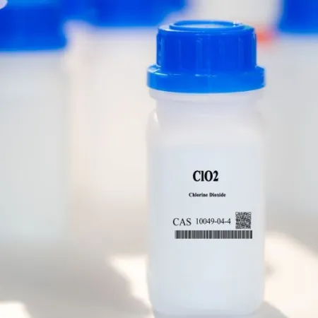 ClO2 chlorine dioxide CAS 10049-04-4 chemical substance in white plastic laboratory packaging