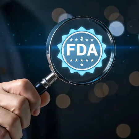A man holding a magnifying glass with the FDA logo reflected in the glass