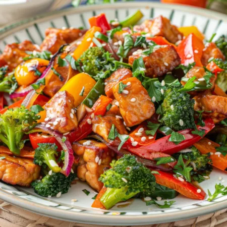plate of tempeh with lots of veggies and sauce