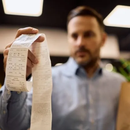 A man holds a grocery store receipt
