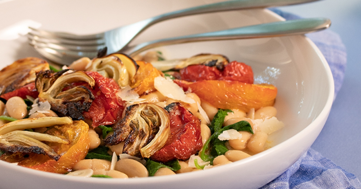 Roasted Tomatoes & Fennel on Beans & Greens