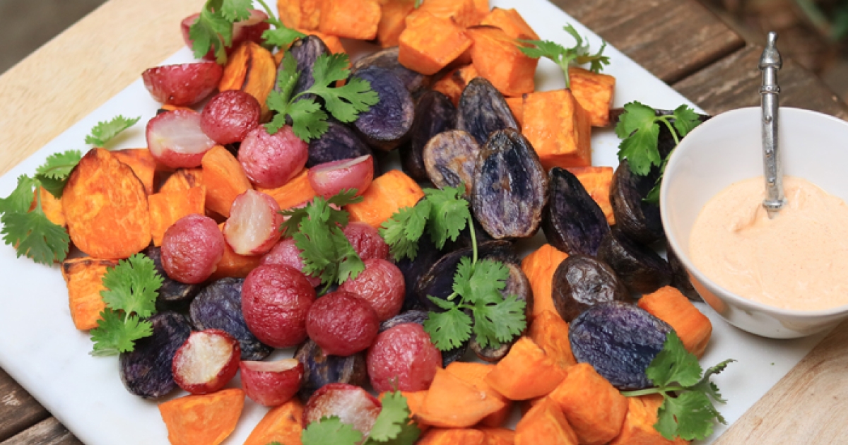 Roasted Roots with Spicy Yogurt | Center for Science in the Public Interest